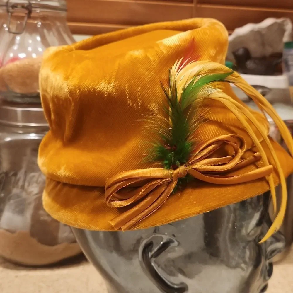 Vintage Gold Velvet Hat with Feather Accent Union Made